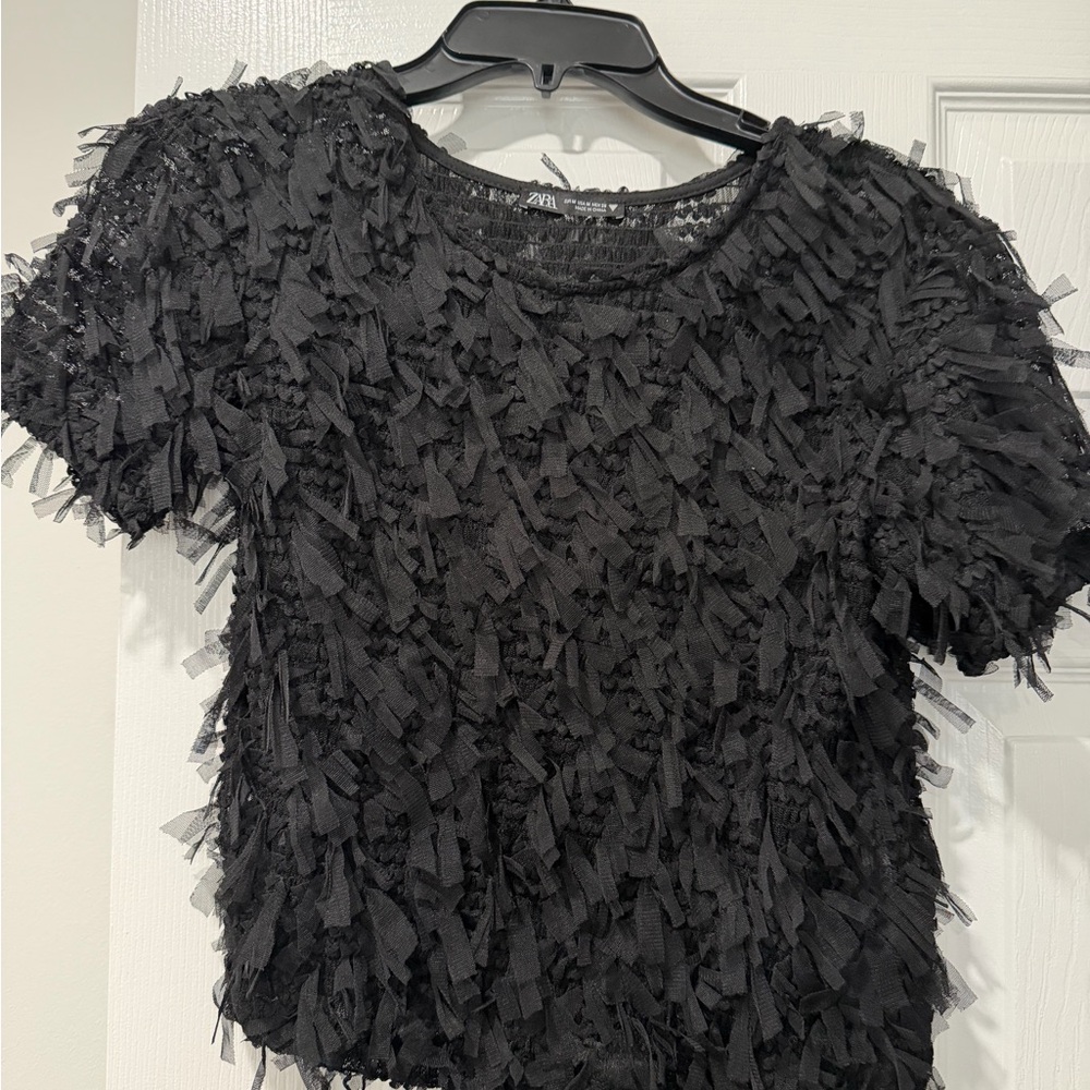 Zara Black Textured Short Sleeve Top